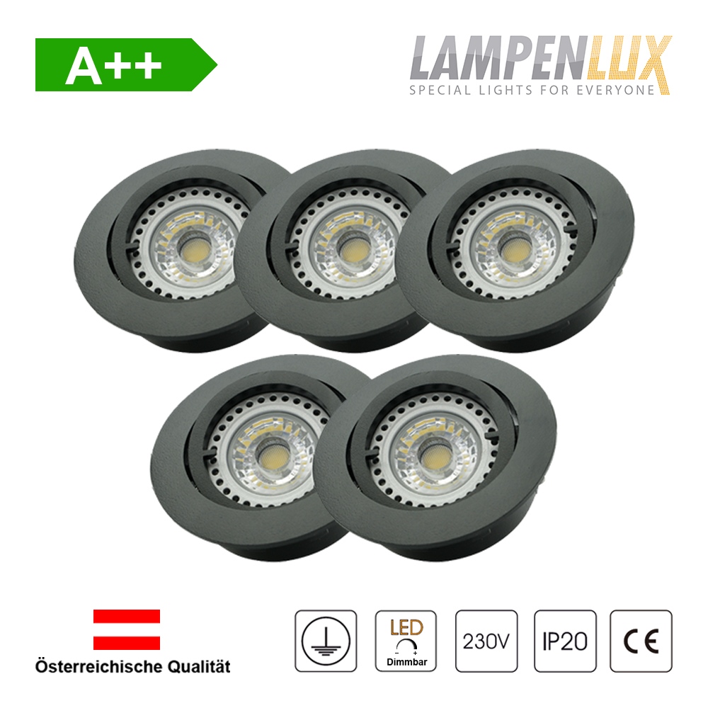 Lampenlux LED Einbaustrahler schwenkbar ultra flach Deckeneinbaustrahler Spot dimmbar Warmweiß 3000K IP20 (Schwarz matt, 5er Set)