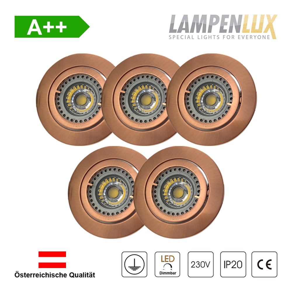 Lampenlux LED Einbaustrahler schwenkbar ultra flach Deckeneinbaustrahler Spot dimmbar Warmweiß 3000K IP20 (Kupfer antik, 5er Set)