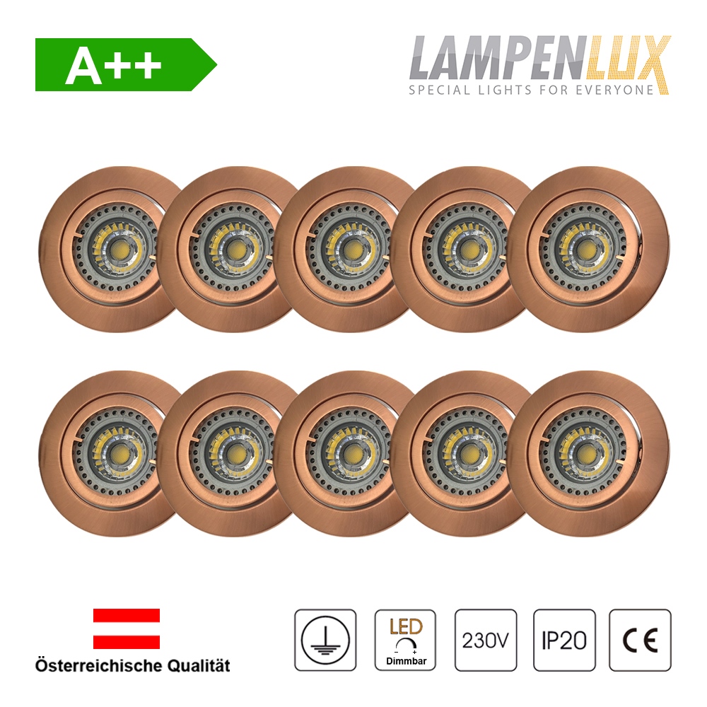 Lampenlux LED Einbaustrahler schwenkbar ultra flach Deckeneinbaustrahler Spot dimmbar Warmweiß 3000K IP20 (Kupfer antik, 10er Set)