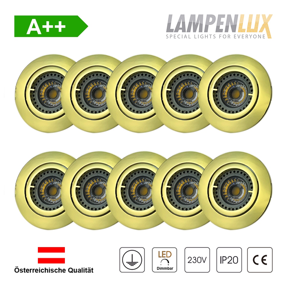 Lampenlux LED Einbaustrahler schwenkbar ultra flach Deckeneinbaustrahler Spot dimmbar Warmweiß 3000K IP20 (Gold glänzend, 10er Set)