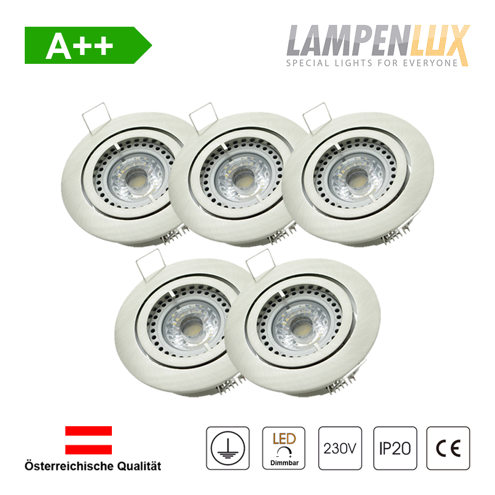 Lampenlux LED Einbaustrahler schwenkbar ultra flach Deckeneinbaustrahler Spot dimmbar Warmweiß 3000K IP20 (Nickel gebürstet, 5er Set)