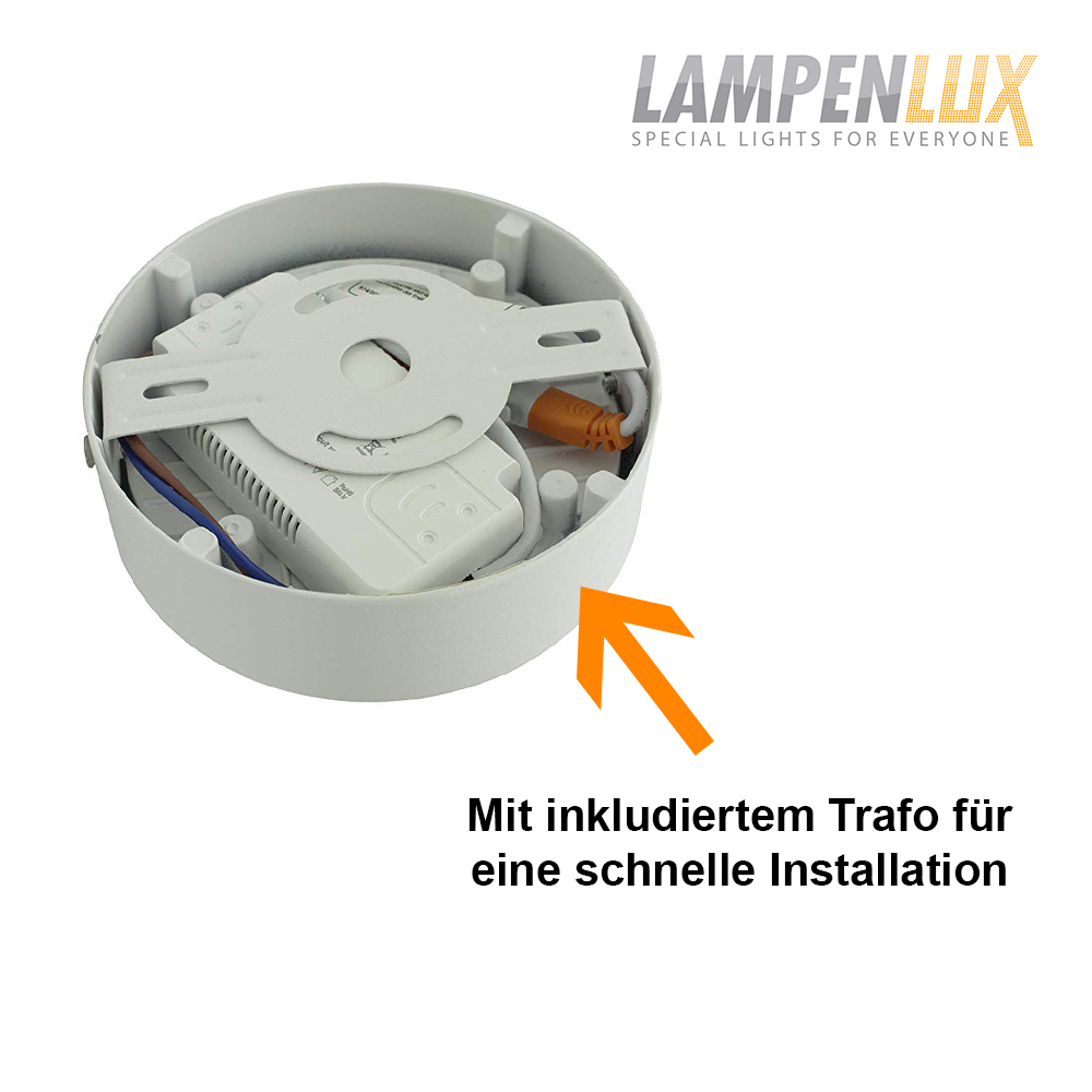 Lampenlux LED Aufbauleuchte rund 16W Super Slim Rahmenlos IP20 mit Trafo 230V 12cm Silber