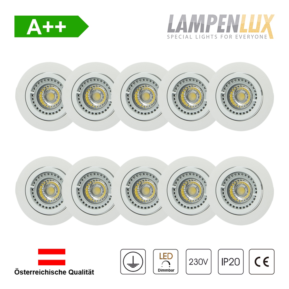Lampenlux LED Einbaustrahler schwenkbar ultra flach Deckeneinbaustrahler Spot dimmbar Warmweiß 3000K IP20 (Weiß matt, 10er Set)