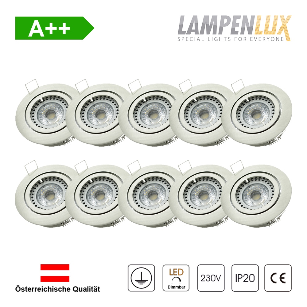 Lampenlux LED Einbaustrahler schwenkbar ultra flach Deckeneinbaustrahler Spot dimmbar Warmweiß 3000K IP20 (Nickel gebürstet, 10er Set)